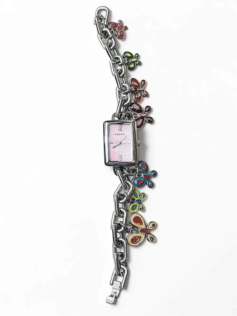 Y2K 90'S FOSSIL Enamel BUTTERFLY Charm Bracelet Watch